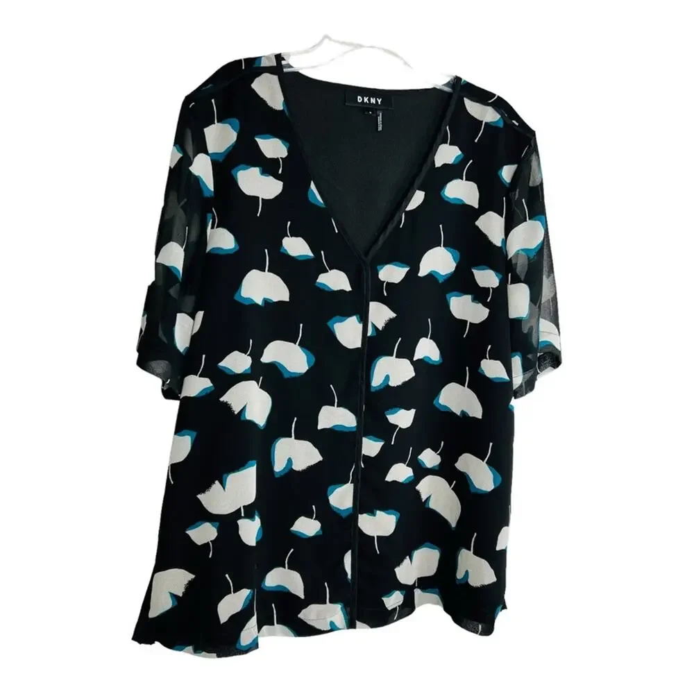 DKNY Floral Print V-Neck Elbow Sleeve L